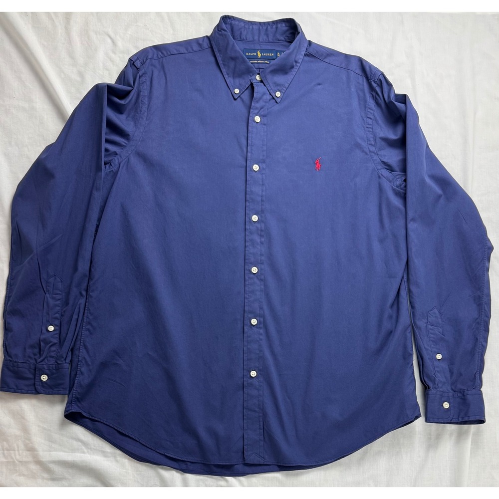 Ralph Lauren Featherweight Twill Button Down Shirt Navy Red Pony Logo Men XL